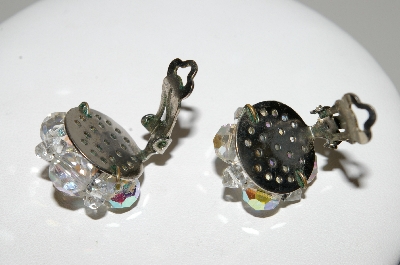 +MBA #41E-033  "Vintage Silvertone AB Crystal 9 Bead Cluster Clip On Earrings"