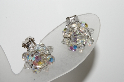 +MBA #41E-029  "Vintage Silvertone Small AB Crystal Bead Cluster Earrings"