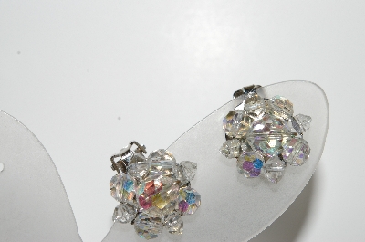 +MBA #41E-029  "Vintage Silvertone Small AB Crystal Bead Cluster Earrings"