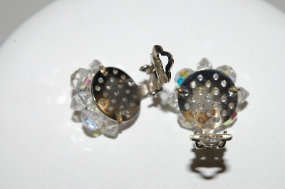 +MBA #41E-029  "Vintage Silvertone Small AB Crystal Bead Cluster Earrings"