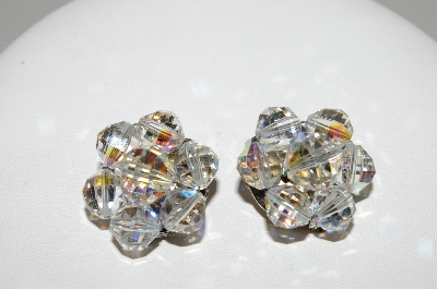 +MBA #41E-048  "Vintage Silvertone AB Crystal Bead Cluster Earrings"