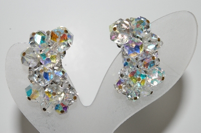 +MBA #41E-093  "Vintage Silvertone AB Crystal Long Cluster Earrings"