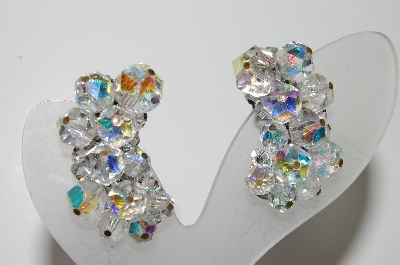 +MBA #41E-093  "Vintage Silvertone AB Crystal Long Cluster Earrings"