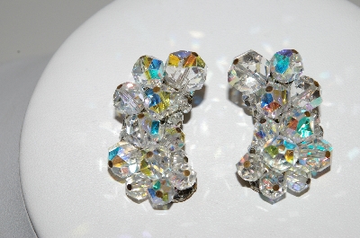 +MBA #41E-093  "Vintage Silvertone AB Crystal Long Cluster Earrings"