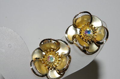 +MBA #41E-062  "Vintage Gold Plated AB Crystal Rhinestone Flower Earrings"