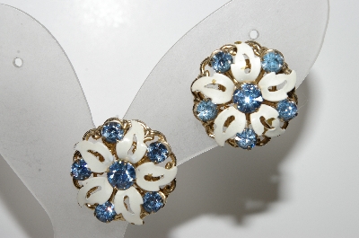 +MBA #41E-069  "Vintage Goldtone White Enamel & Blue Crystal Rhinestone Flower Earrings"