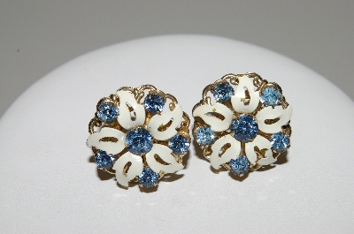 +MBA #41E-069  "Vintage Goldtone White Enamel & Blue Crystal Rhinestone Flower Earrings"