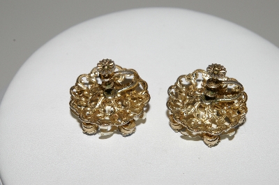 +MBA #41E-069  "Vintage Goldtone White Enamel & Blue Crystal Rhinestone Flower Earrings"