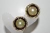 +MBA #41E-072  "Vintage Goldtone Black Enamel & Faux Glass Pearl Clip On Earrings"