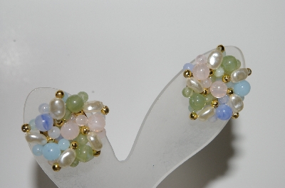 +MBA #41E-041  "Vintage Goldtone Pastel Acrylic Bead & Faux Pearl Cluster Pierced Earrings"