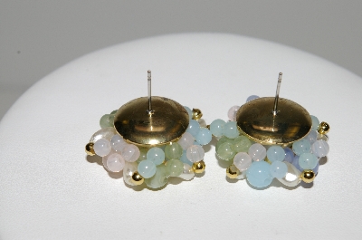 +MBA #41E-041  "Vintage Goldtone Pastel Acrylic Bead & Faux Pearl Cluster Pierced Earrings"