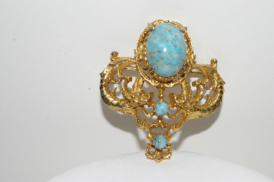 +MBA #E42-113  "Vintage Goldtone Faux Turquoise Double Dragon Pin"