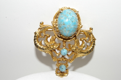 +MBA #E42-113  "Vintage Goldtone Faux Turquoise Double Dragon Pin"