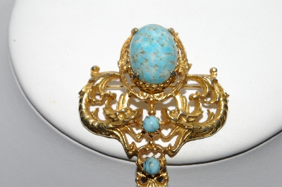 +MBA #E42-113  "Vintage Goldtone Faux Turquoise Double Dragon Pin"