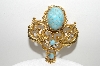 +MBA #E42-113  "Vintage Goldtone Faux Turquoise Double Dragon Pin"