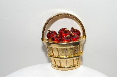 +MBA #E42-118  "Vintage Gold Plated Red Enamel Apple Basket Pin"