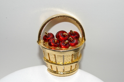 +MBA #E42-118  "Vintage Gold Plated Red Enamel Apple Basket Pin"