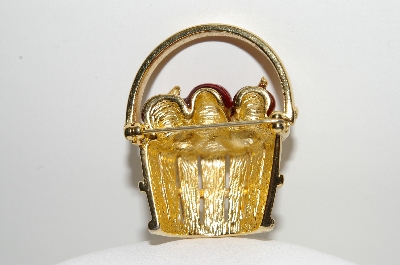 +MBA #E42-118  "Vintage Gold Plated Red Enamel Apple Basket Pin"