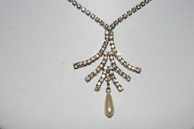 +MBA #E42-029  "Vintage Silvertone Clear Crystal Rhinestone Fancy Faux Pearl Drop Necklace"