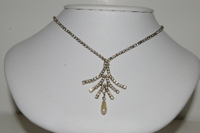 +MBA #E42-029  "Vintage Silvertone Clear Crystal Rhinestone Fancy Faux Pearl Drop Necklace"