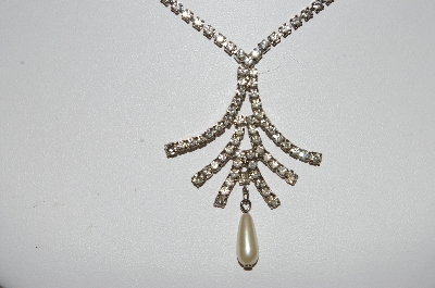 +MBA #E42-029  "Vintage Silvertone Clear Crystal Rhinestone Fancy Faux Pearl Drop Necklace"