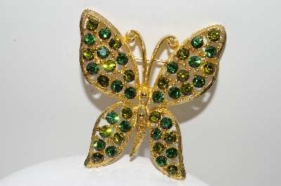 +MBA #E42-089  "Vintage Goldtone Green Crystal Rhinestone Butterfly Brooch"