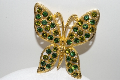 +MBA #E42-089  "Vintage Goldtone Green Crystal Rhinestone Butterfly Brooch"