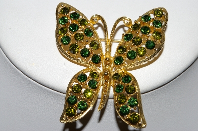 +MBA #E42-089  "Vintage Goldtone Green Crystal Rhinestone Butterfly Brooch"