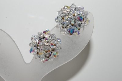+MBA #E42-136  "Vintage Silvertone AB Crystal Cluster Clip On Earrings"