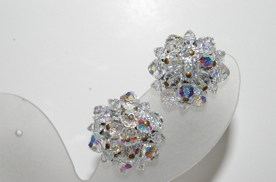 +MBA #E42-136  "Vintage Silvertone AB Crystal Cluster Clip On Earrings"