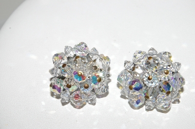 +MBA #E42-136  "Vintage Silvertone AB Crystal Cluster Clip On Earrings"