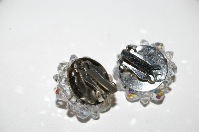 +MBA #E42-136  "Vintage Silvertone AB Crystal Cluster Clip On Earrings"