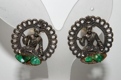 +MBA #E42-173  "Vintage Antiqued Metal Oriental Style Clip On Earrings"
