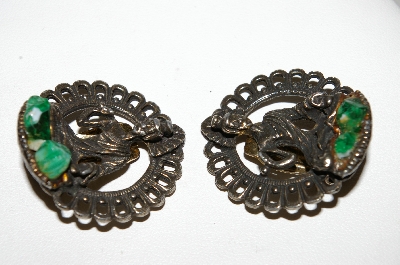 +MBA #E42-173  "Vintage Antiqued Metal Oriental Style Clip On Earrings"
