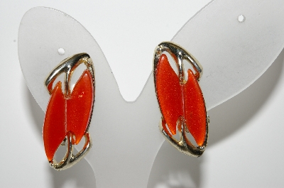 +MBA #E42-207  "Vintage Goldtone Orange Thermoplastic Clip On Earrings"