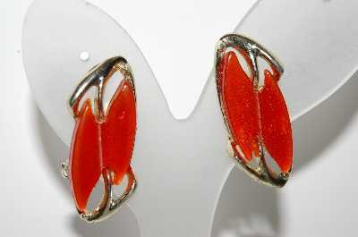 +MBA #E42-207  "Vintage Goldtone Orange Thermoplastic Clip On Earrings"