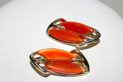+MBA #E42-207  "Vintage Goldtone Orange Thermoplastic Clip On Earrings"