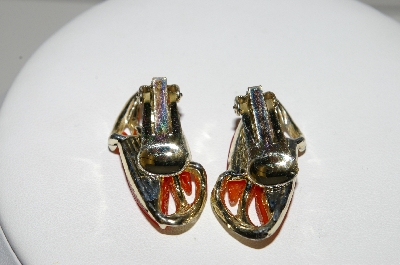 +MBA #E42-207  "Vintage Goldtone Orange Thermoplastic Clip On Earrings"