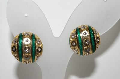 +MBA #E42-213  "Vintage Goldtone Green Enamel & Clear Crystal Rhinestone Clip On Earrings"
