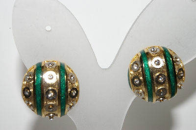 +MBA #E42-213  "Vintage Goldtone Green Enamel & Clear Crystal Rhinestone Clip On Earrings"