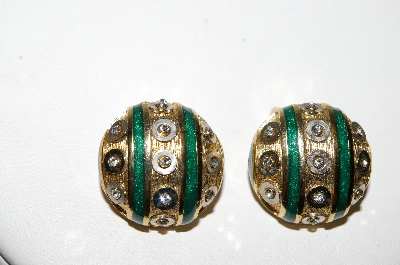 +MBA #E42-213  "Vintage Goldtone Green Enamel & Clear Crystal Rhinestone Clip On Earrings"