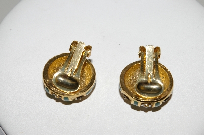 +MBA #E42-213  "Vintage Goldtone Green Enamel & Clear Crystal Rhinestone Clip On Earrings"
