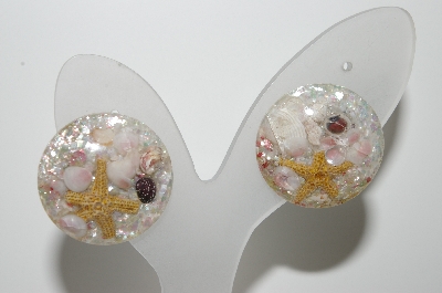 +MBA #E42-200 "Vintage Lucite Sea Shell Embeded Clip On Earrings"
