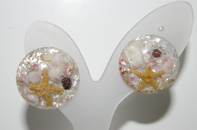 +MBA #E42-200 "Vintage Lucite Sea Shell Embeded Clip On Earrings"