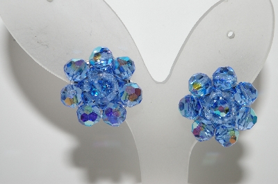 +MBA #E42-194  "Vintage Silvertone Blue AB Crystal Bead Cluster Clip On Earrings"