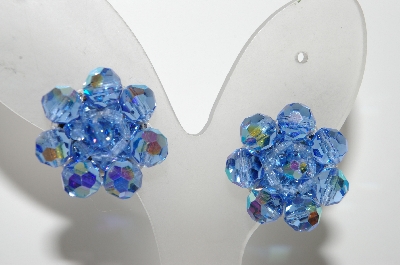 +MBA #E42-194  "Vintage Silvertone Blue AB Crystal Bead Cluster Clip On Earrings"