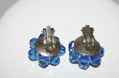 +MBA #E42-194  "Vintage Silvertone Blue AB Crystal Bead Cluster Clip On Earrings"