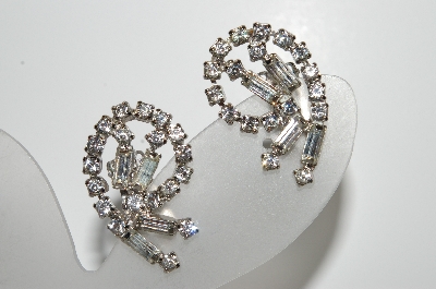 +MBA #E42-149  "Vintage Silvertone Fancy Clear Crystal Clip On Earrings"
