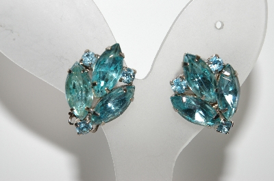 +MBA #E42-179  "Vintage Silvertone Blue Crystal Rhinestone Clip On Earrings"