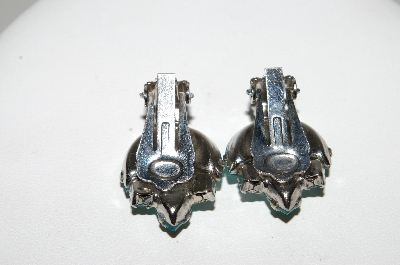 +MBA #E42-179  "Vintage Silvertone Blue Crystal Rhinestone Clip On Earrings"